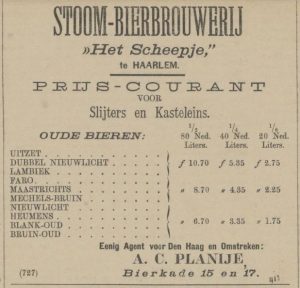 A 1883 price list for the Scheepje brewery in Haarlem (Holland), selling lambic, faro and some other Belgian-style beers. Source: Haagsche courant 2-6-1883.