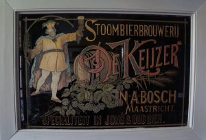An old poster for steam brewery De Keyzer in Maastricht, specialised in 'young and old beer'.
