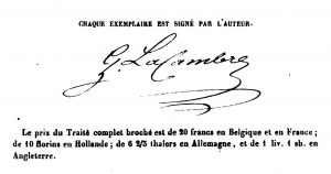 Lacambre's signature, from a copy of his book. It cost 20 francs in Belgium and one pound and a shilling in England.