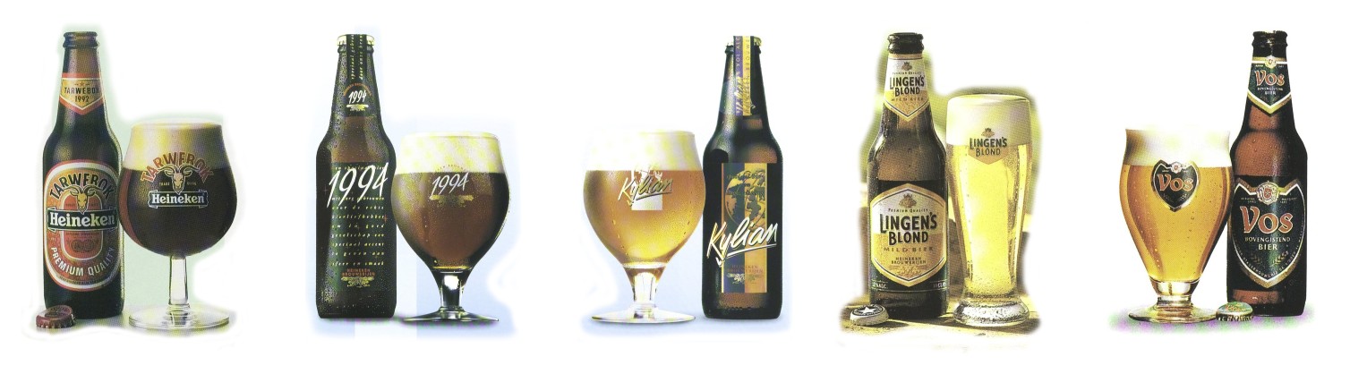 New Heineken beers from the 1990s: Tarwebok, 1994, Kylian, Lingen's Blond, Vos.