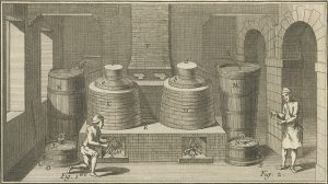 An 18th-century distiller at work with his alambic. From: Encyclopédie ou dictionnaire raisonné des sciences, des arts et des metiers (1751).