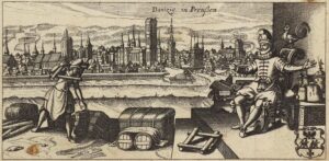 Danzig in the 17th century. The city (now known as Gdansk in Poland) was renowned for its heavy, dark jopenbier. On the quay, there even are a few barrels...