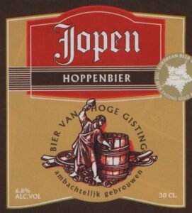 The old label for Jopen Hoppenbier, prominently featuring a 'jopen' barrel.